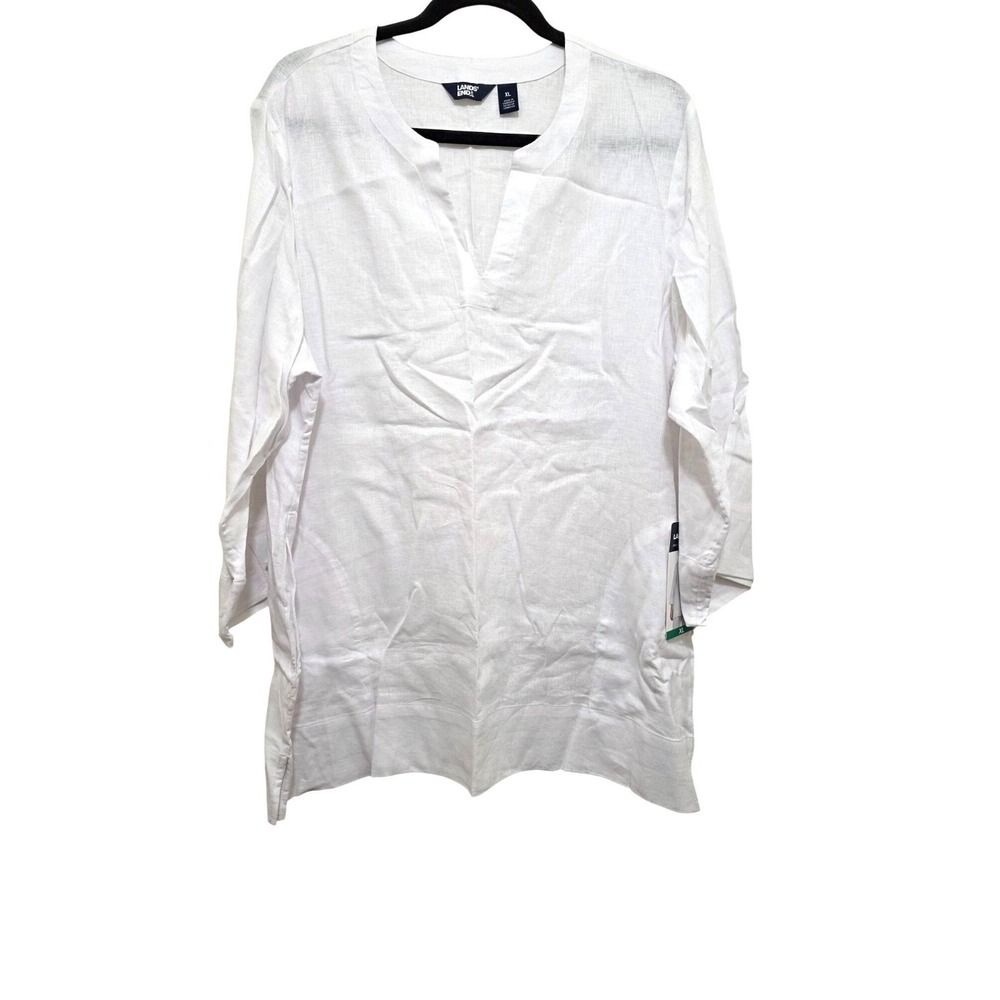 NWT Lands End White Split Neck 3/4 Sleeve Tunic Lightweight Lenin Blend XL